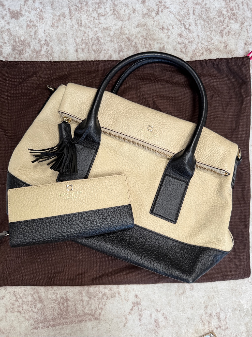Kate Spade Two-Tone Black And Beige Leather Tote With Matching Wallet